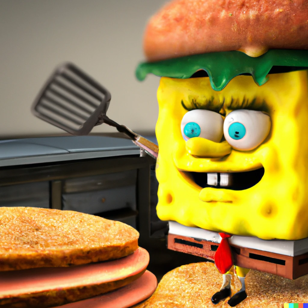 Prompt: spongebob cooking Krabby Patties, photorealistic