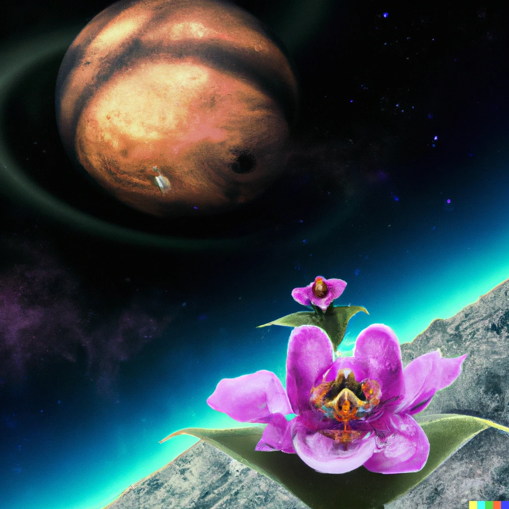 Prompt: a beautifully terrifying flower growing on the surface of the moon Titan with Saturn visible in the sky