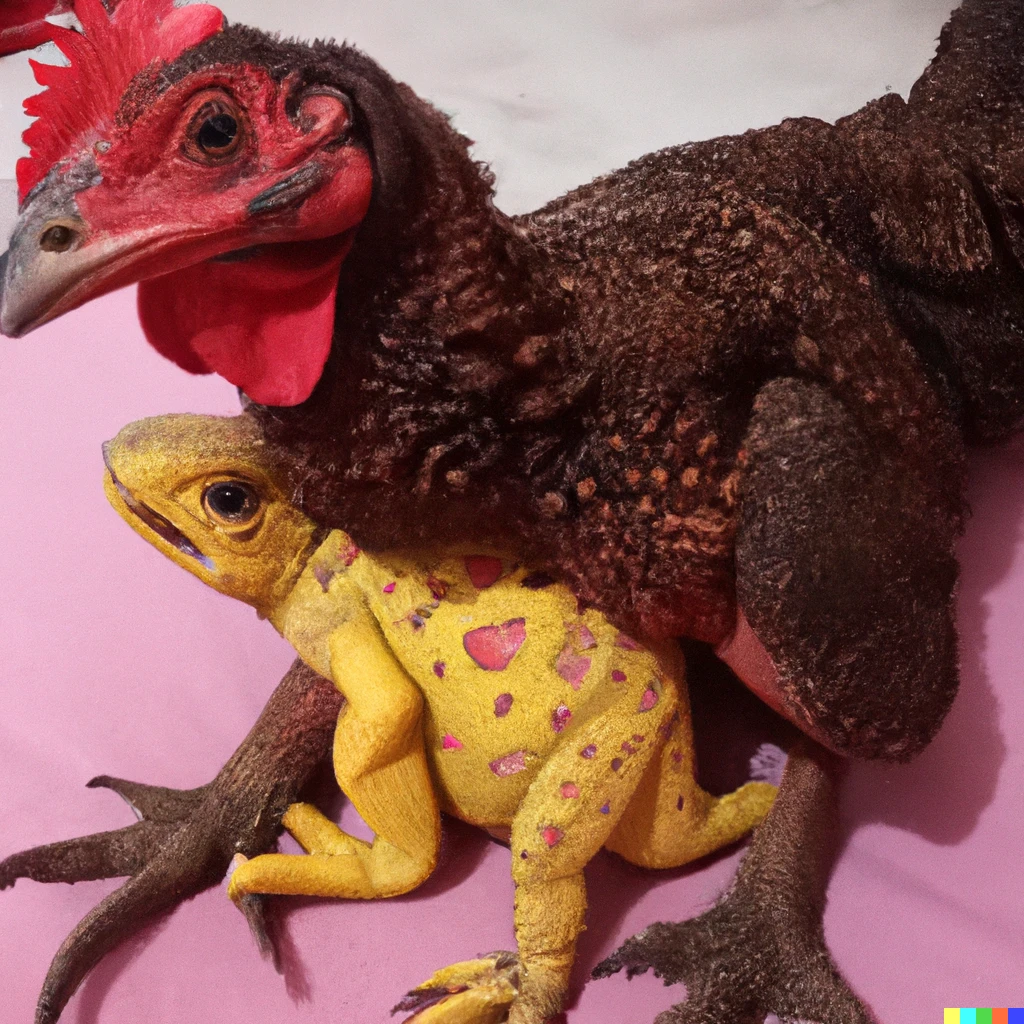 Prompt: A photo of a chicken hugging his dinosaur friend