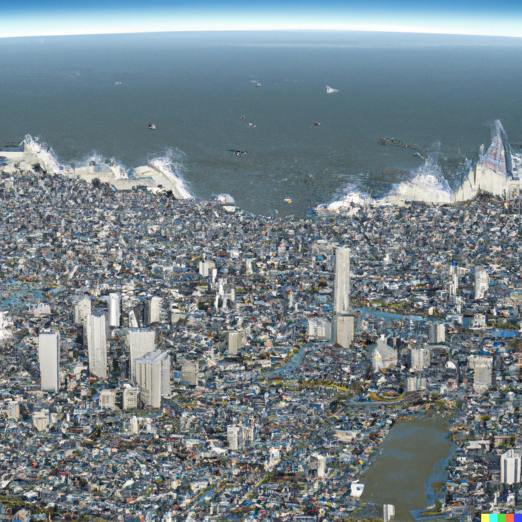 Prompt: Mega tsunami destroying a huge city, photorealisitic, widescreen