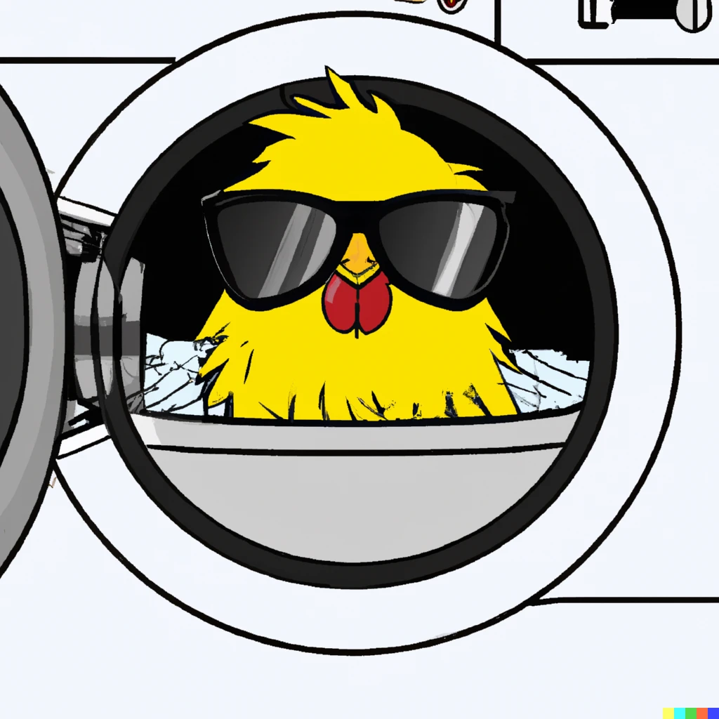 Prompt: A chicken wearing sunglasses while standing inside a washing machine