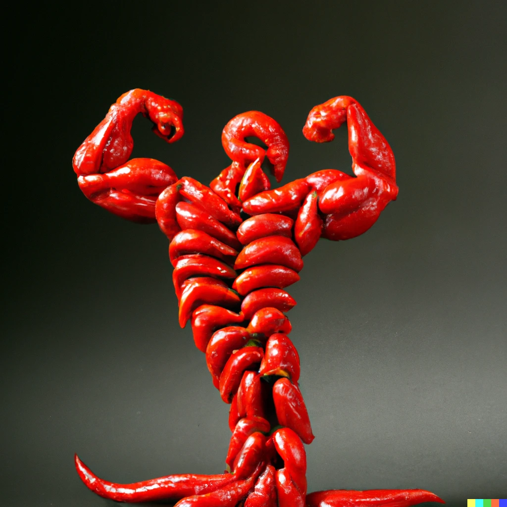 Prompt: Sculpture of a bodybuilder flexing made entirely from fresh red chili peppers, by Antoni Gaudi, studio lighting