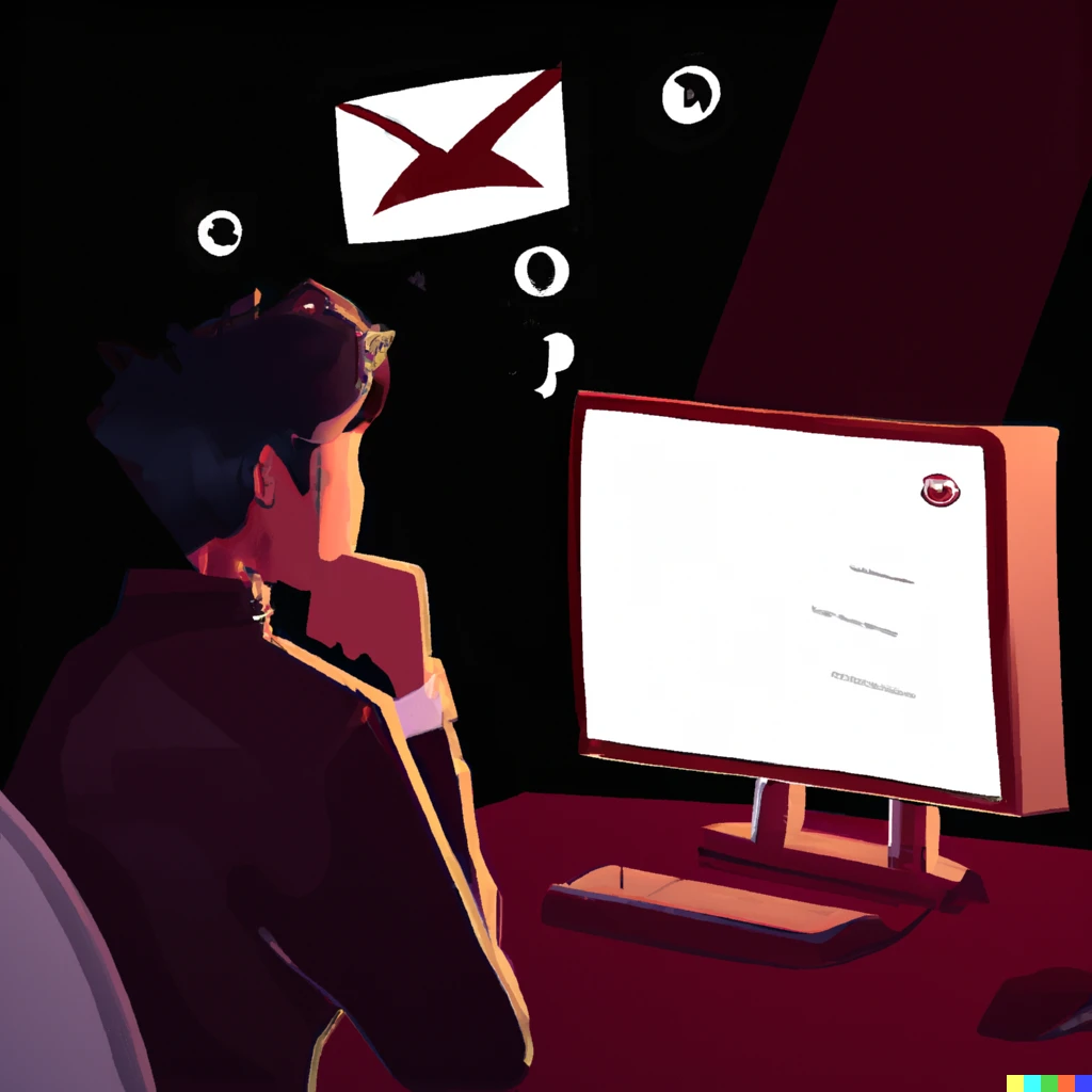 Prompt: a man staring at his computer screen waiting for an email, digital art
