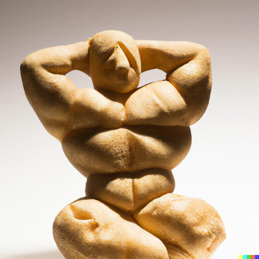Prompt: Sculpture of a bodybuilder flexing made entirely from fresh potatoes, by Antoni Gaudi, studio lighting