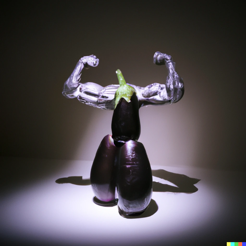 Prompt: Sculpture of a bodybuilder flexing made entirely from fresh eggplants, by Antoni Gaudi, studio lighting