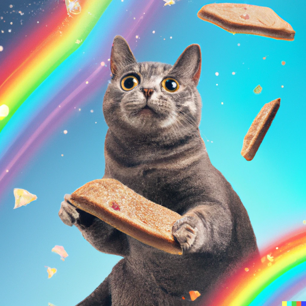 Prompt: Gray Cat with a poptart flying through space with rainbows, photoreal 