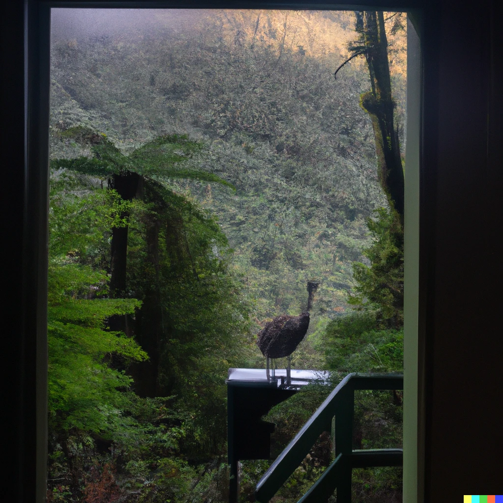 Prompt: A photo of an oversized Moa in a New Zealand sub-tropical rainforest seen from the interior of a mountain hut