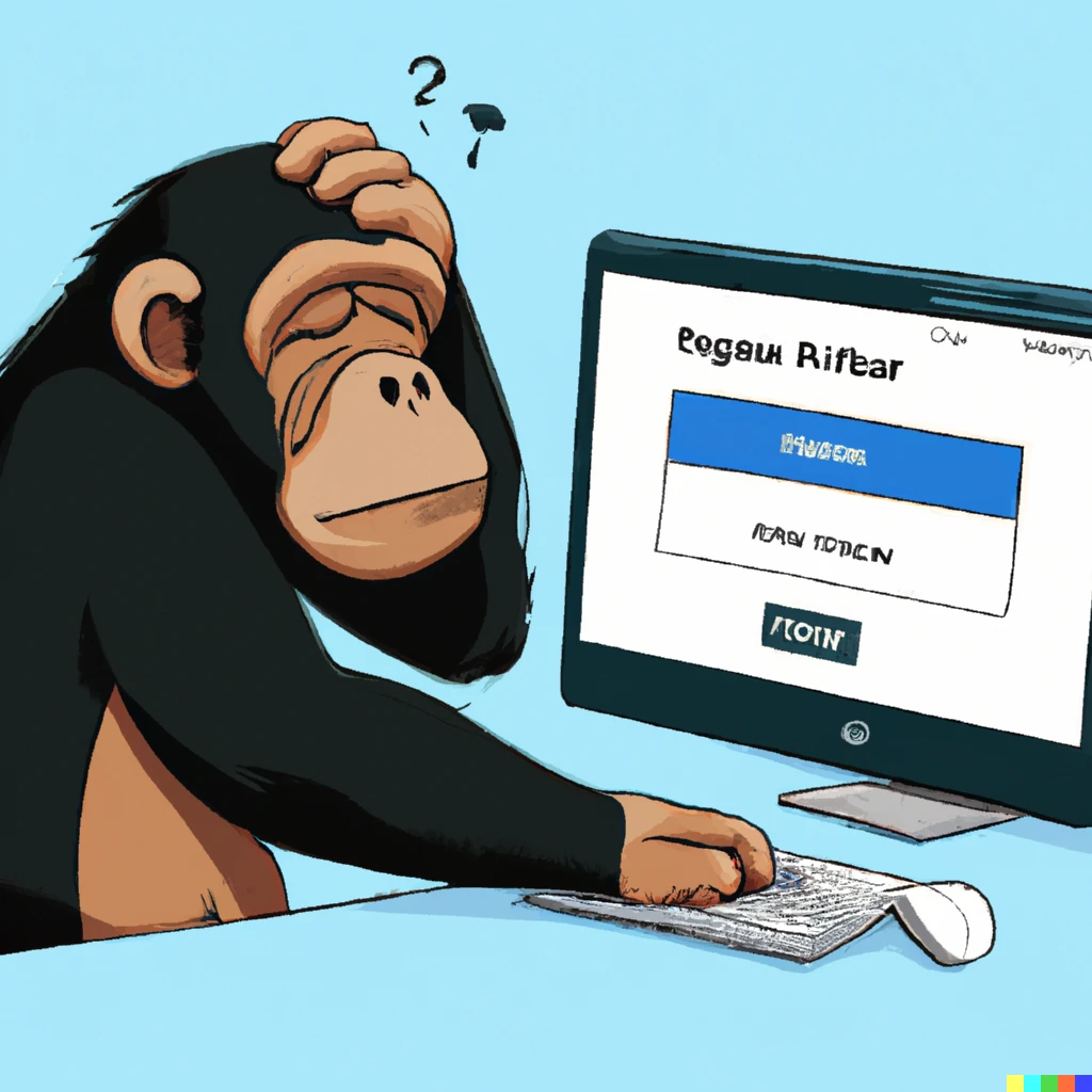 Prompt: A frustrated chimpanzee trying to log into the microsoft store and failing