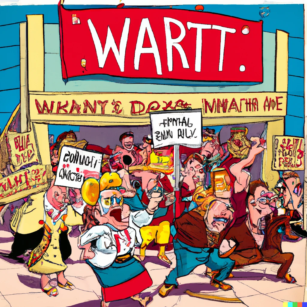 Prompt: Angry Karens take over a Walmart  in the style of a 1930s cartoon