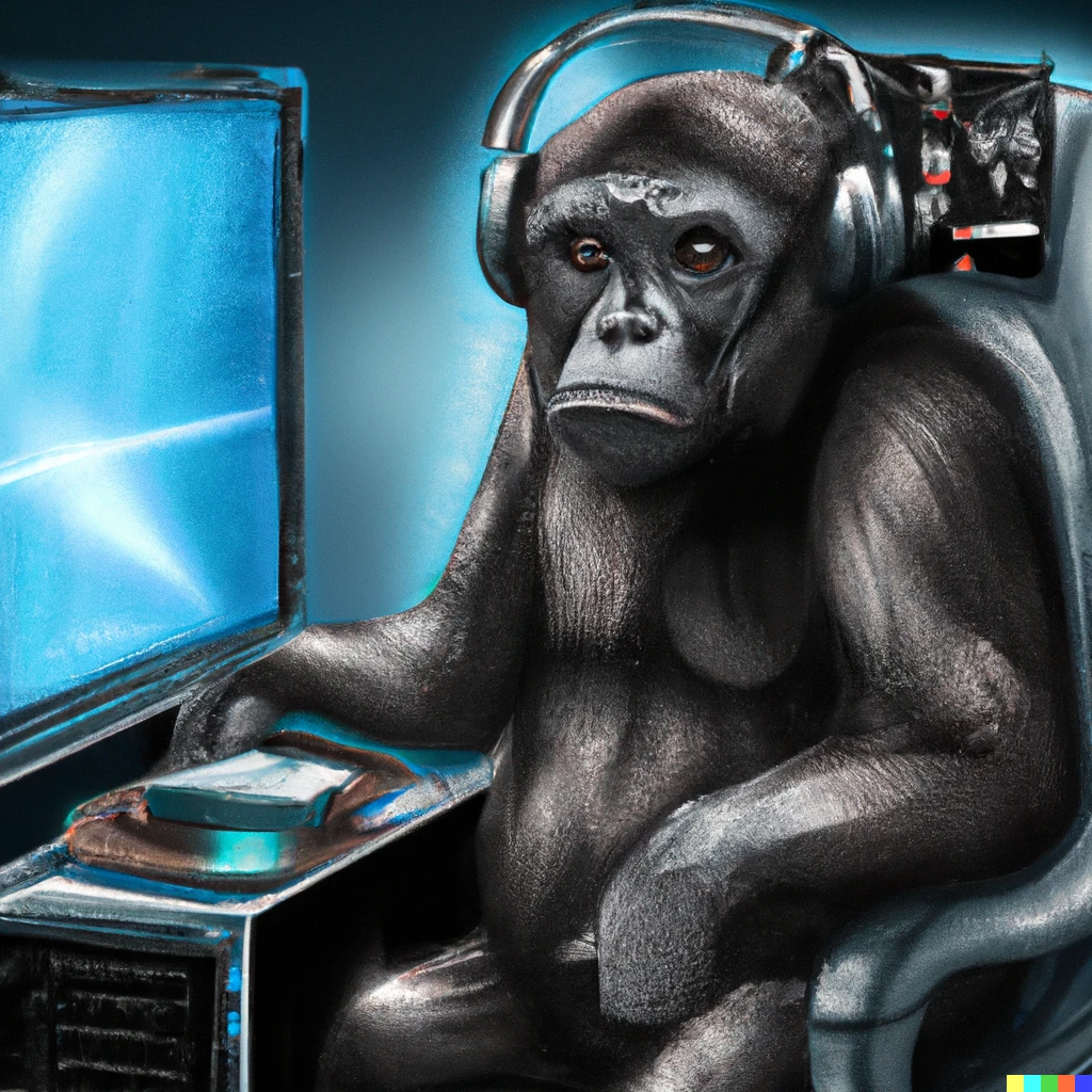 Prompt: a chimp gaming on his brand new $10,000 gaming PC, digital art