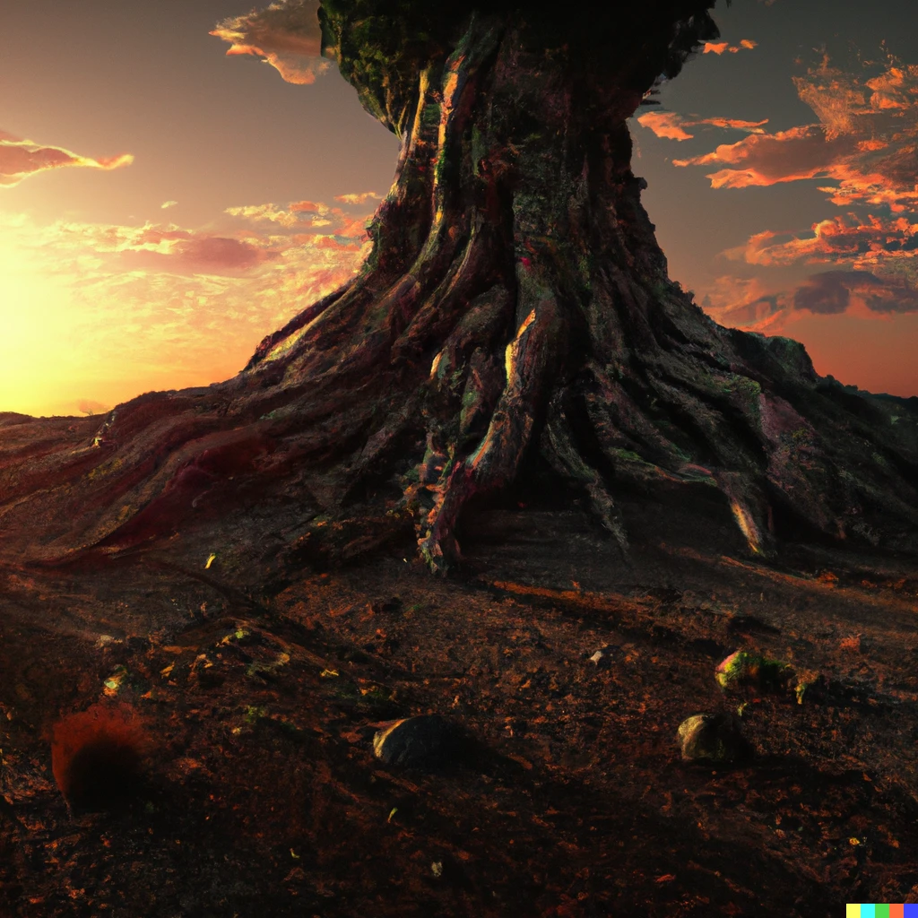 Prompt: a huge tree growing from the soil on Mars, digital art