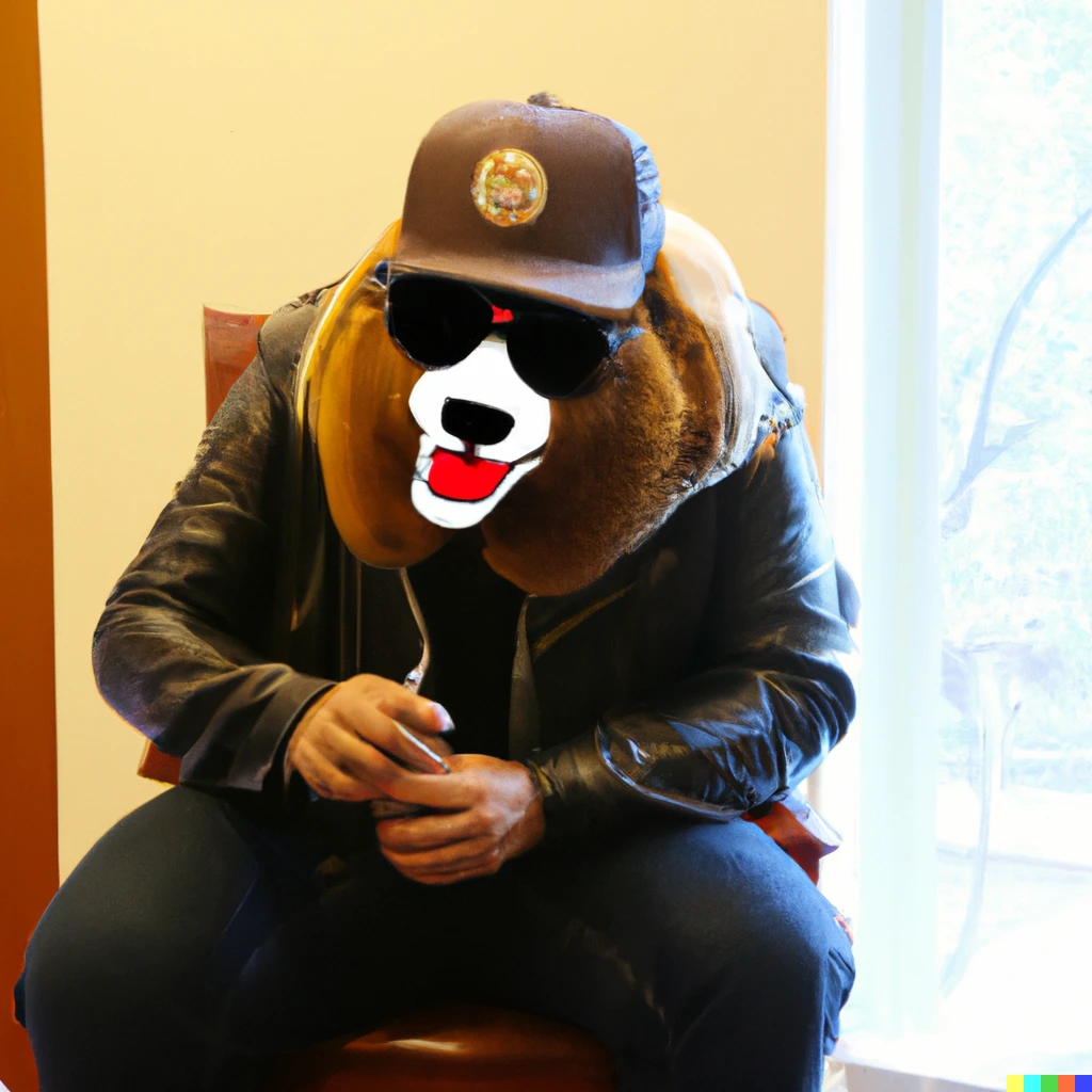 Prompt: Photo of an oversized grizzly bear wearing sunglasses and a leather jacket and a super mario hat being interviewed on the Joe Rogan podcast experience, explaining why he likes to eat a plate of fish and chips.