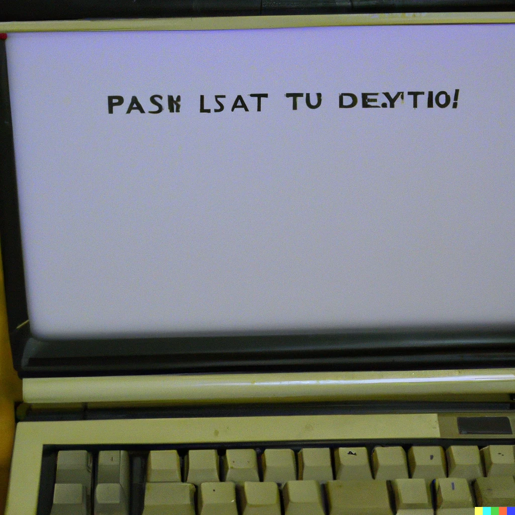 Prompt: A big bulky laptop from the 70s with text on the screen that says "Please insert data", fuzzy photograph