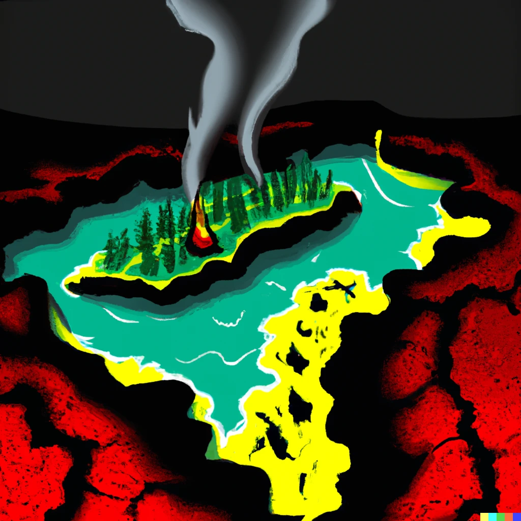 Prompt: An illustration of a nation deep in a lake of acid and lava