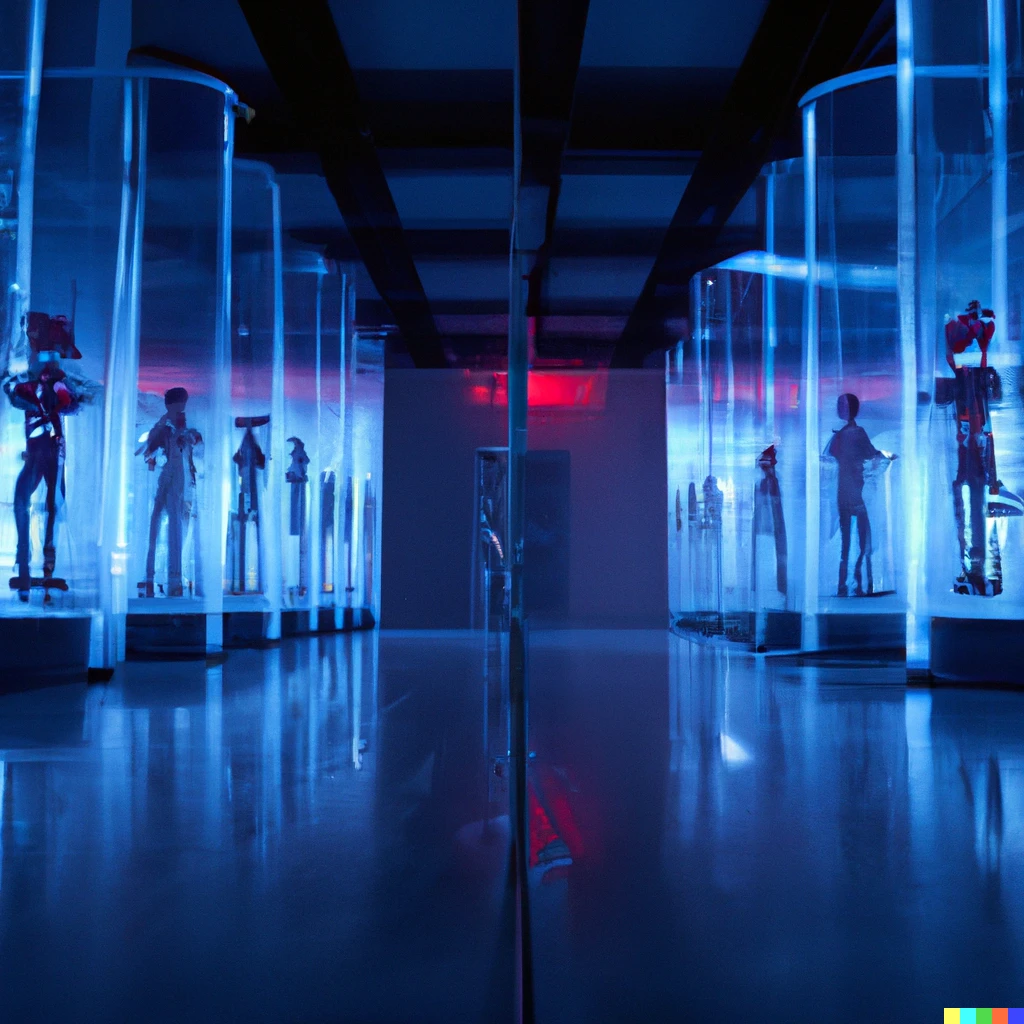 Prompt: Glass boxes lined up in a white glowing clean room are holding tall blue aliens, which are being turned into robots by red laser beams. Nearby is gowned robots and equipment. HD photo.