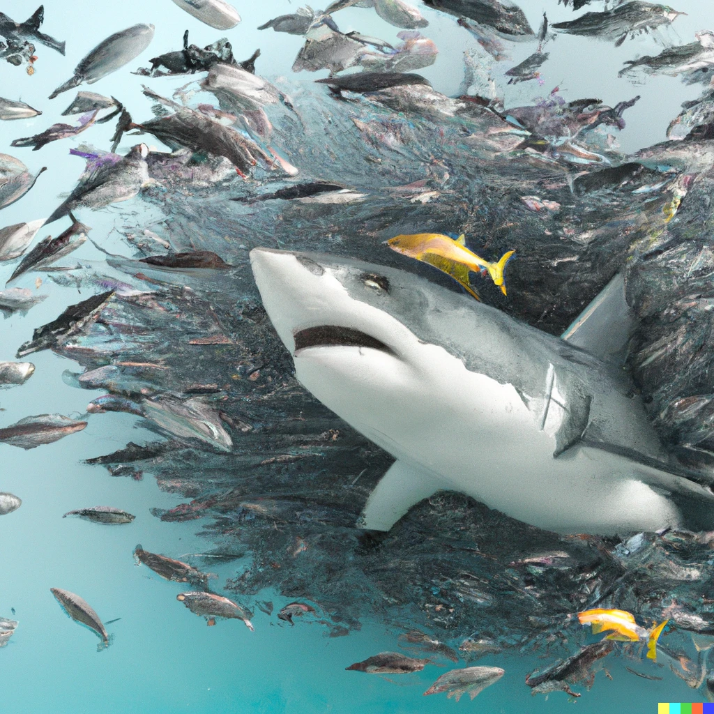 Prompt: A shoal of colorful fish surround a big white shark, photorealistic