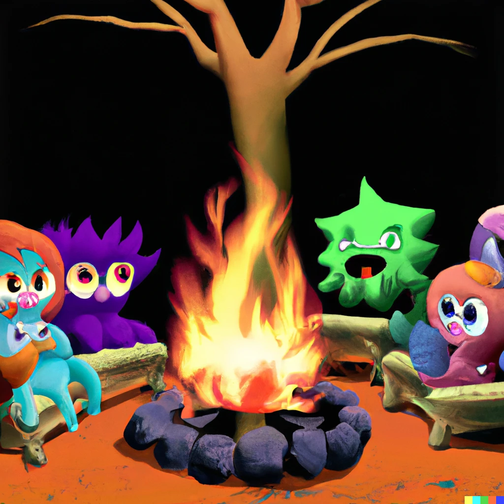 Prompt: Colorful monsters sitting around a campfire, playstation 2 graphics