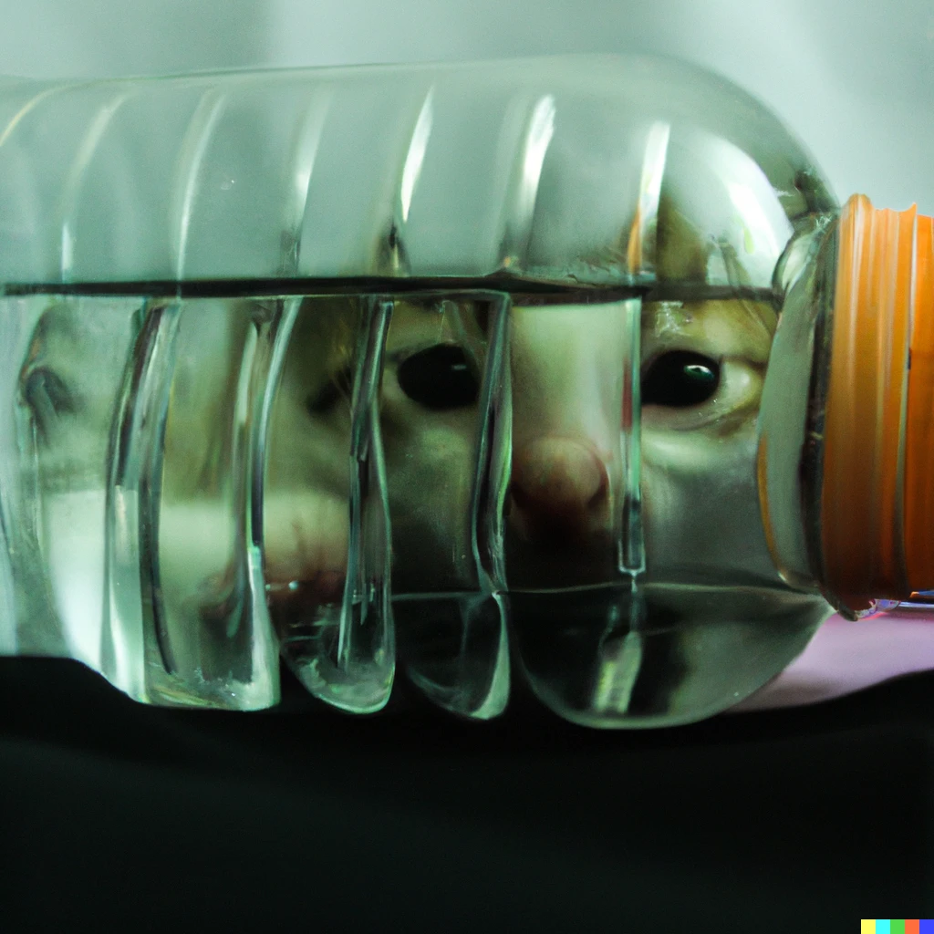 Prompt: a tiny cat inside a waterbottle