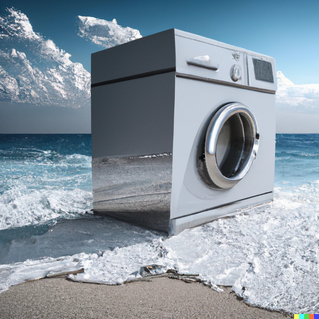 Prompt: Giant Washing machine on the sea coast, photorealistic