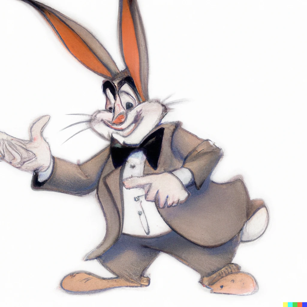 Prompt: Bugs bunny in a suit, illustrated by Walt Disney