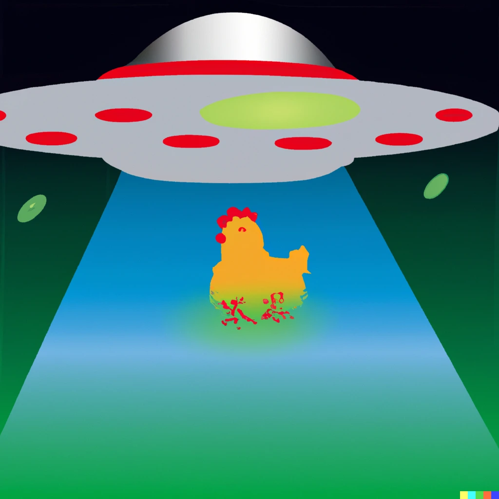 Prompt: A chicken getting taken by aliens in an ufo