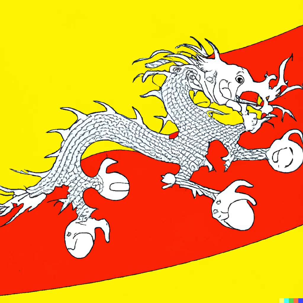 Prompt: The flag of Bhutan in the colors of the Welsh flag