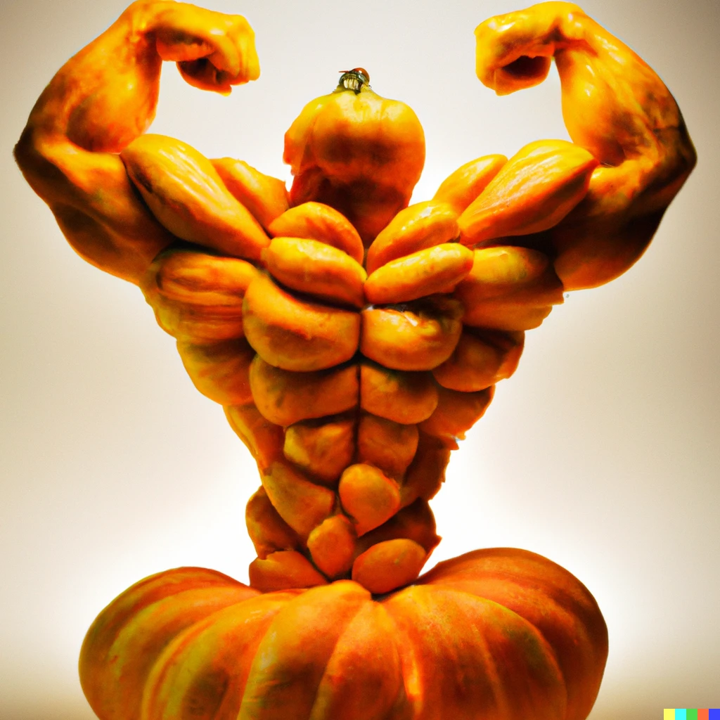 Prompt: Sculpture of a bodybuilder flexing made entirely from fresh pumpkin, by Antoni Gaudi, studio lighting