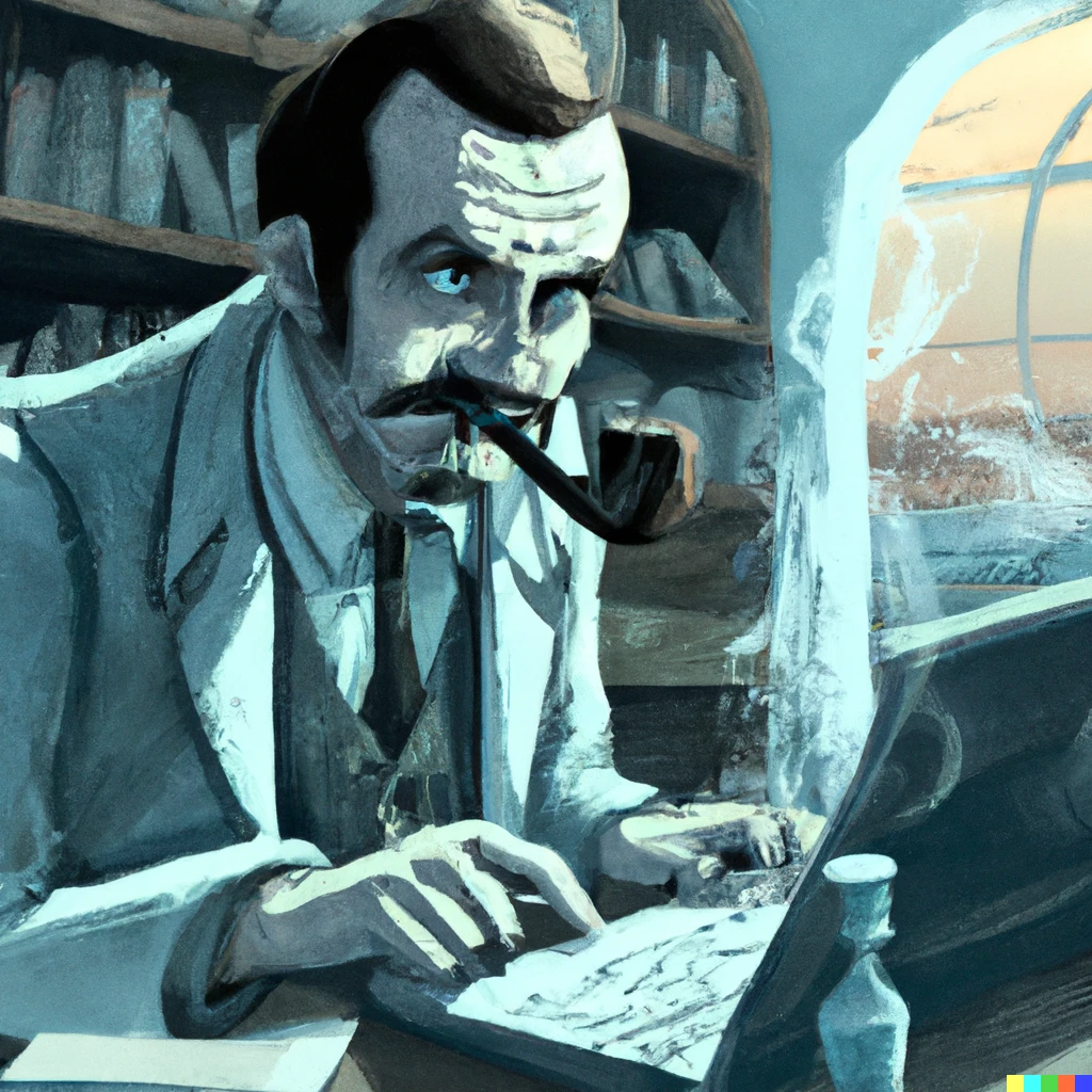 Prompt: A pipe smoking scientist doing  computer research, digital art