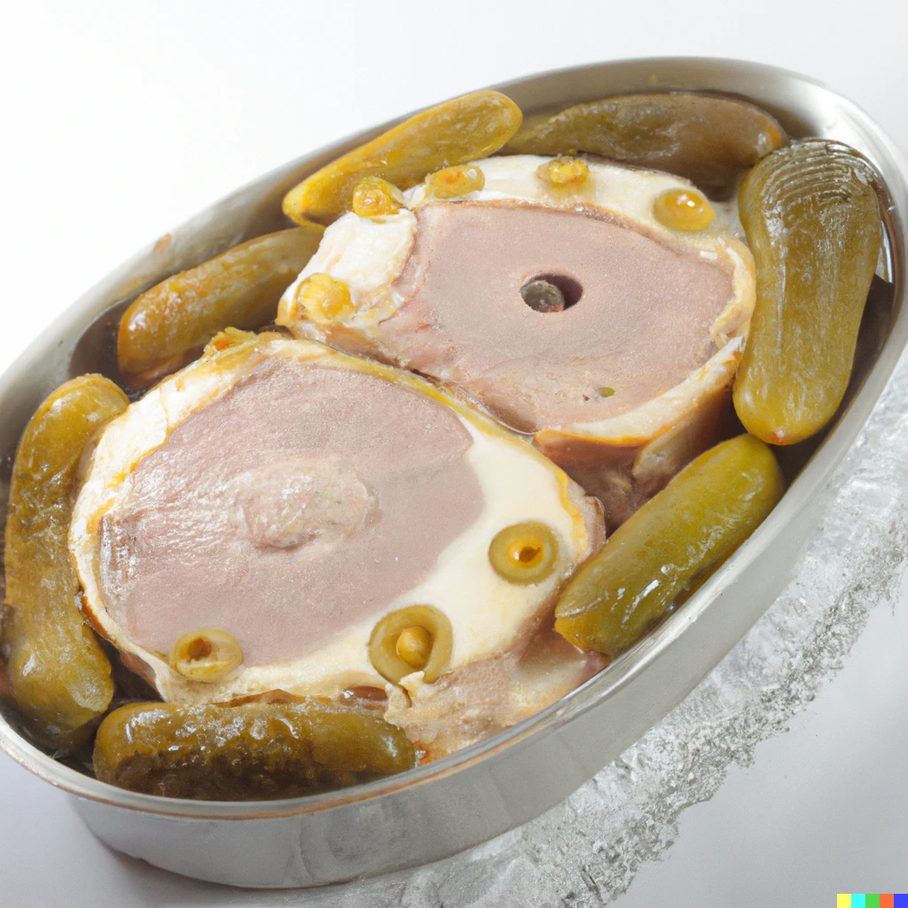 Prompt: pork loin and pickles as a cake topping