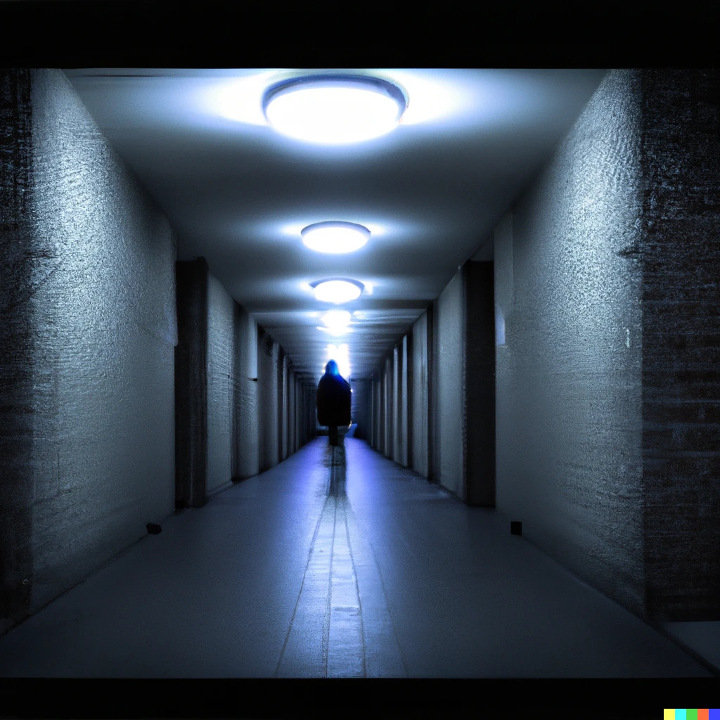 Prompt: A creepy dark hallway with a mysterious dark figure at the end of it, realistic