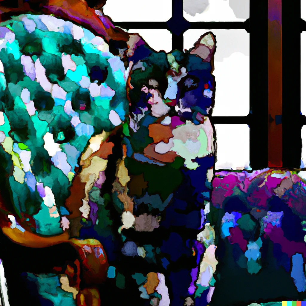 Prompt: A cat sitting on a chair as Stained glass