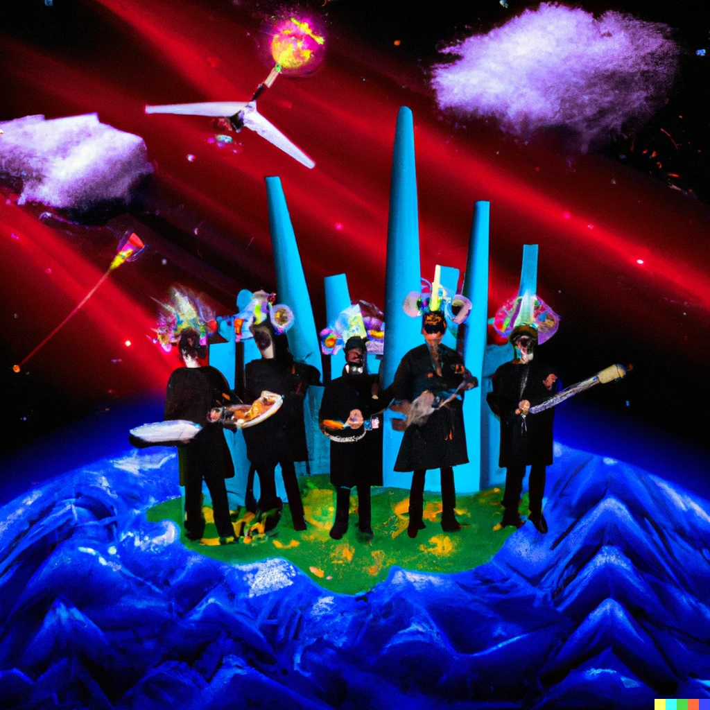 Prompt: La Dusseldorf band with skyscraper instruments on alien planet of cake-membrane painted by wayne d barlowe, professional black light sky streaks