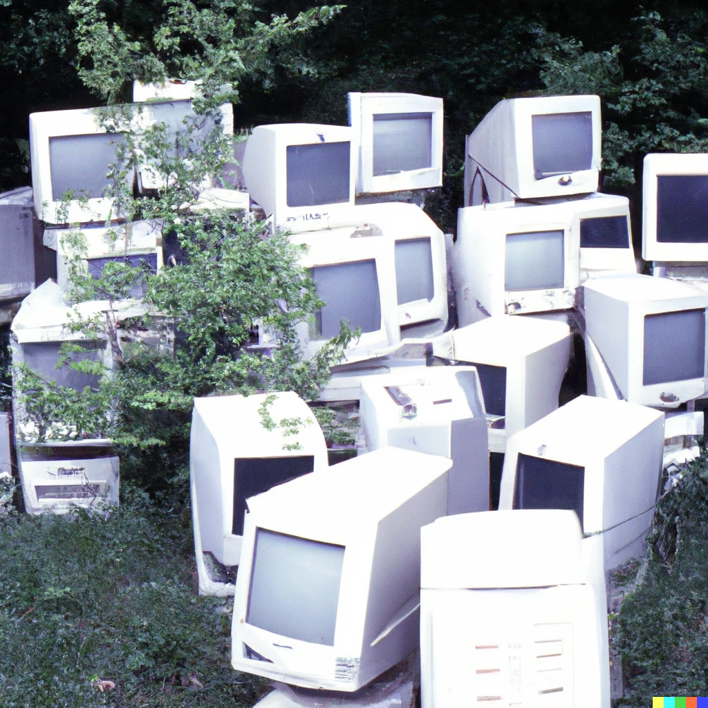 Prompt: A bunch of old white desktop computers on top of one another on grass in front of bush, grainy, early 2000s photo