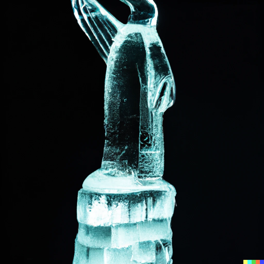 Prompt: ice sculpture of the statue of liberty, but its a penguin, studio lighting 