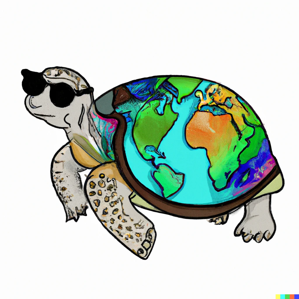 Prompt: The Earth on the back of a turtle. The turtle is wearing sunglasses and a tie-dye shirt