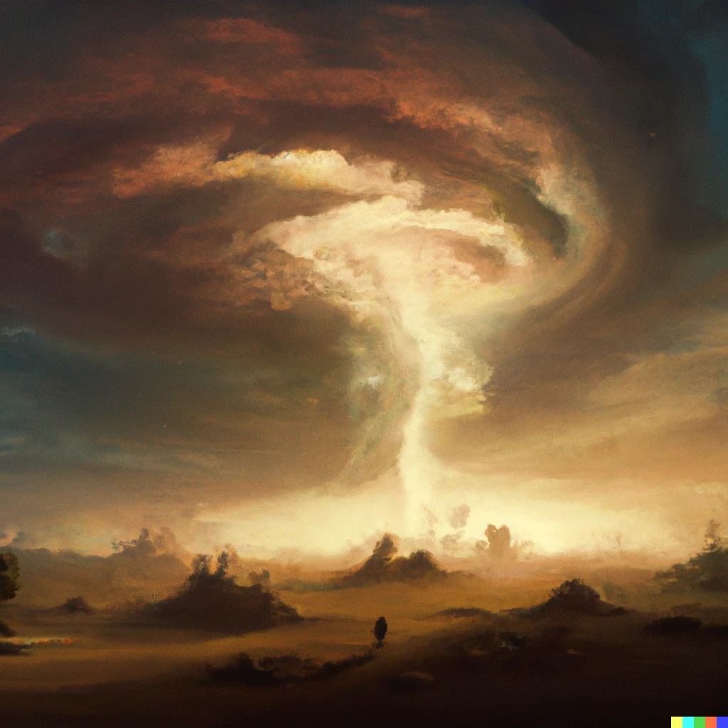 Prompt: An epic painting of an aggressive sand storm in an Incandescently lit post apocalyptic landscape, ultra wide angle landscape painting, by Frederic Edwin Church and Nadav Kander