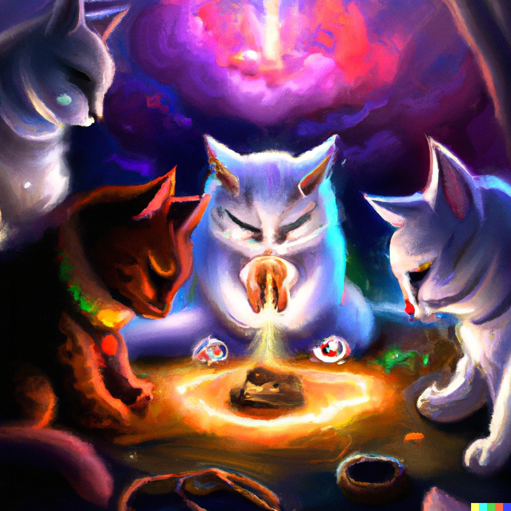 Prompt: cats that are sacrificing their catnip to the cat god, digital art