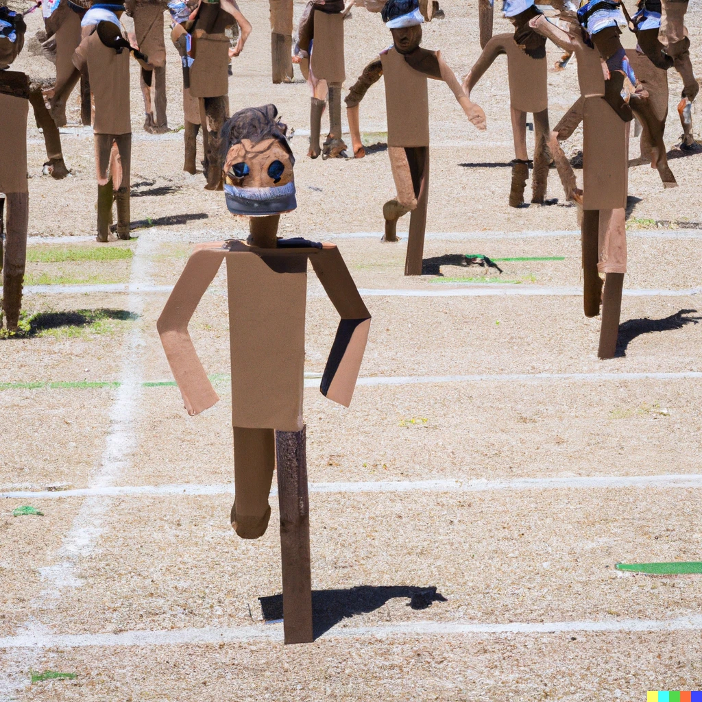 Prompt: a man made out of cardboard competing in the olympics 100 meters running course
