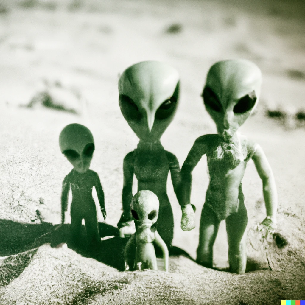 Prompt: a vintage photo of an alien family on the beach