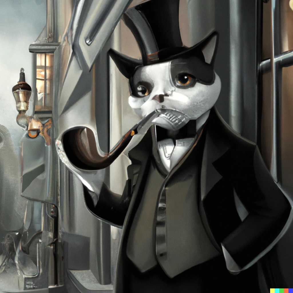 Prompt: A cat wearing a tuxedo and a top hat smoking a large black tobacco pipe in the 1930s outside of a street shop, grayscale, digital art