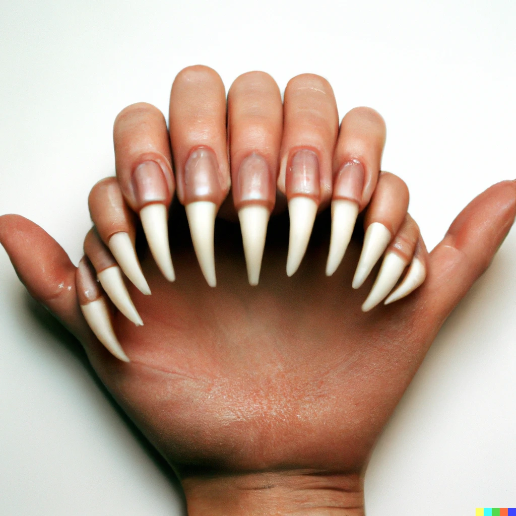 Prompt: Hand with nails in the shape of teeth