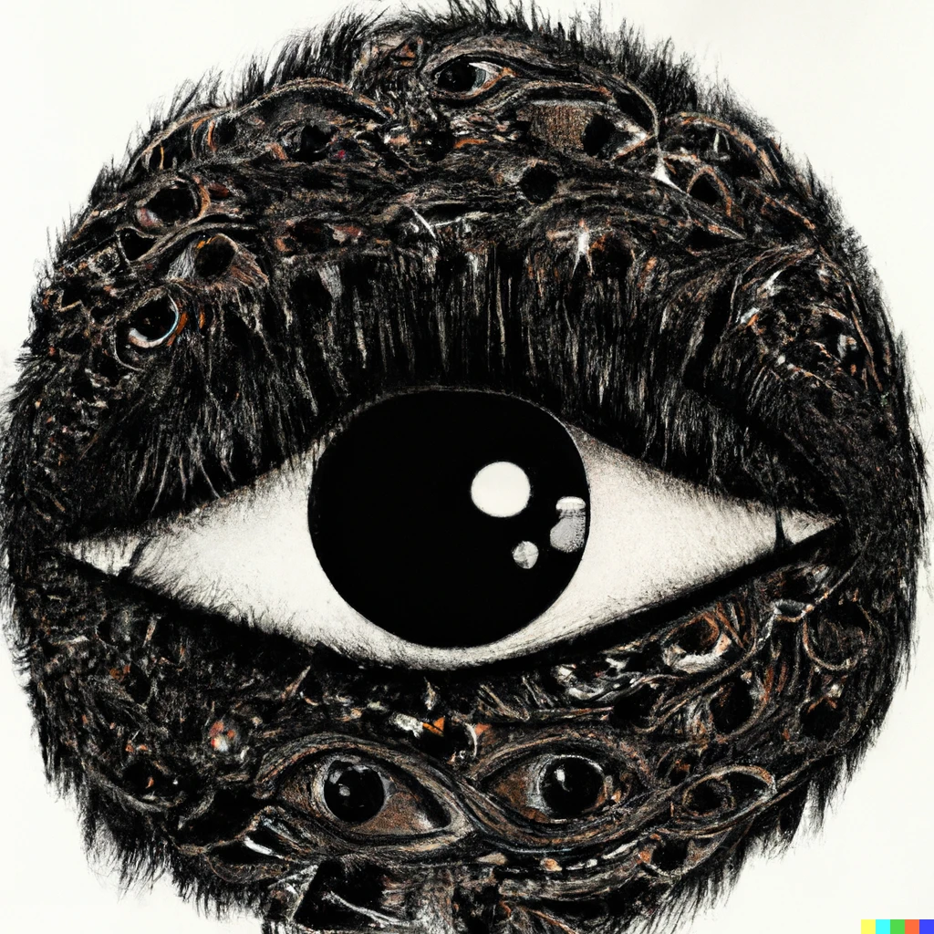 Prompt: a painting of a giant eye where each eyelash is a different person dressed in black