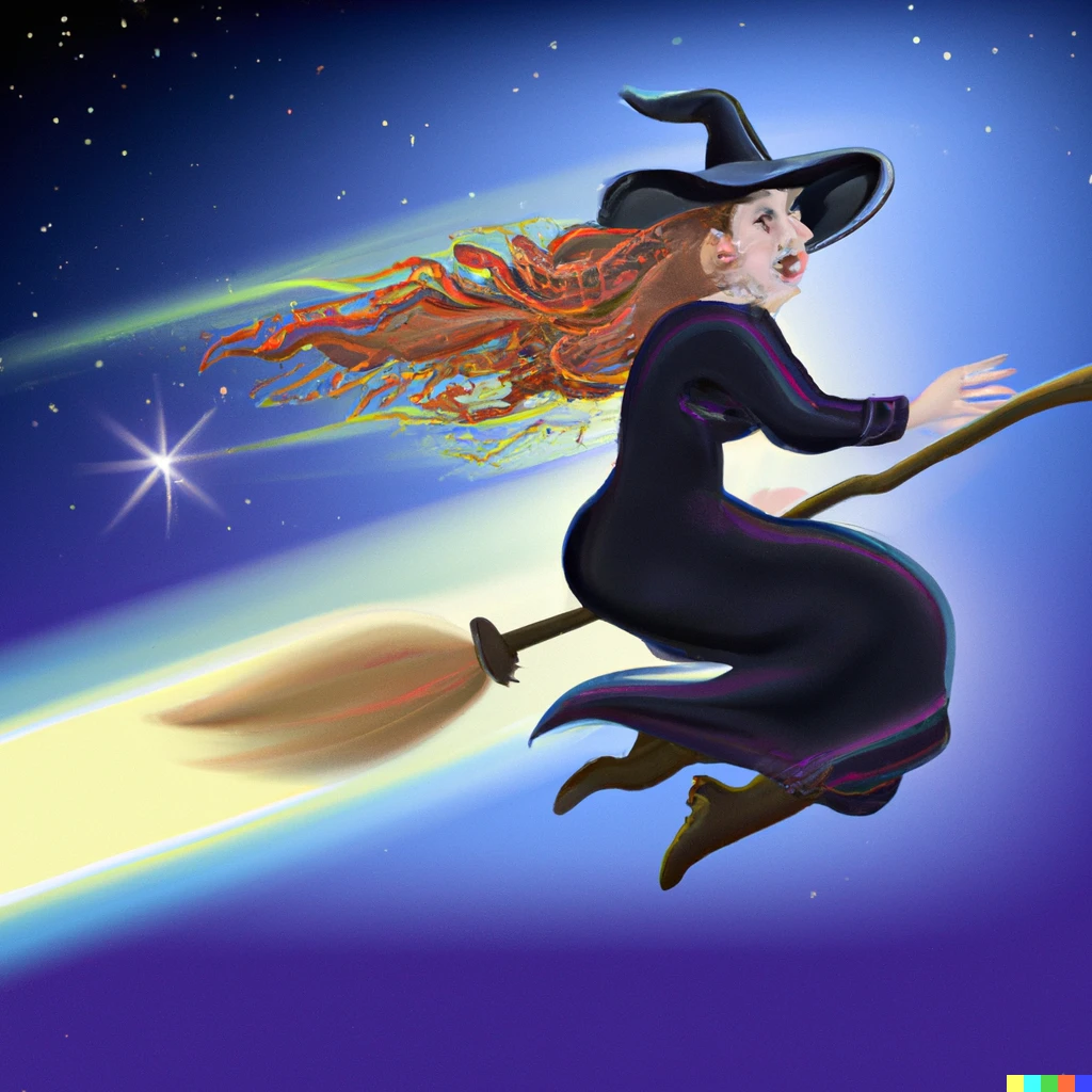 Prompt: A witch riding a broomstick entering hyperspace to travel faster than the speed of light