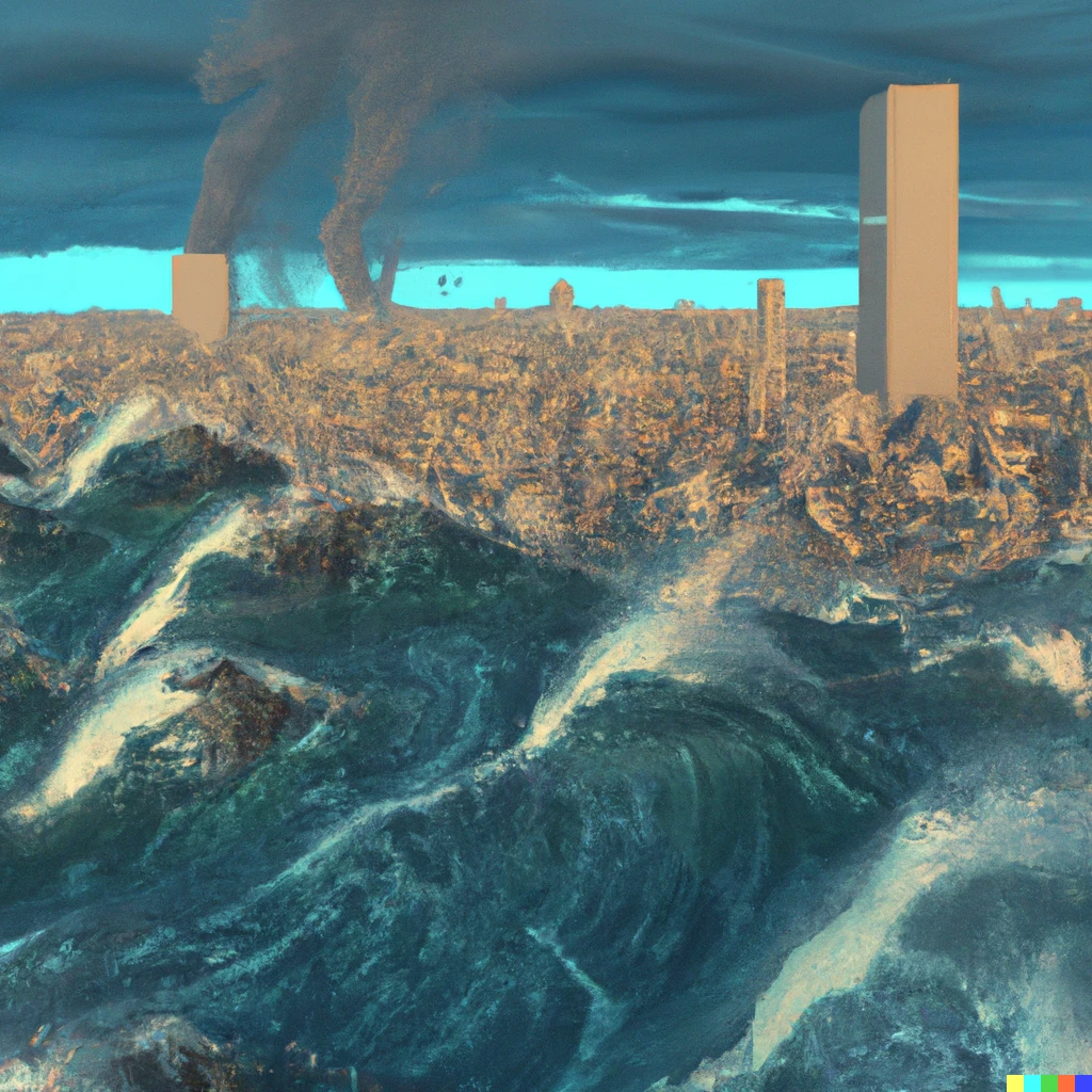 Prompt: Mega tsunami destroying a huge city, photorealisitic, widescreen