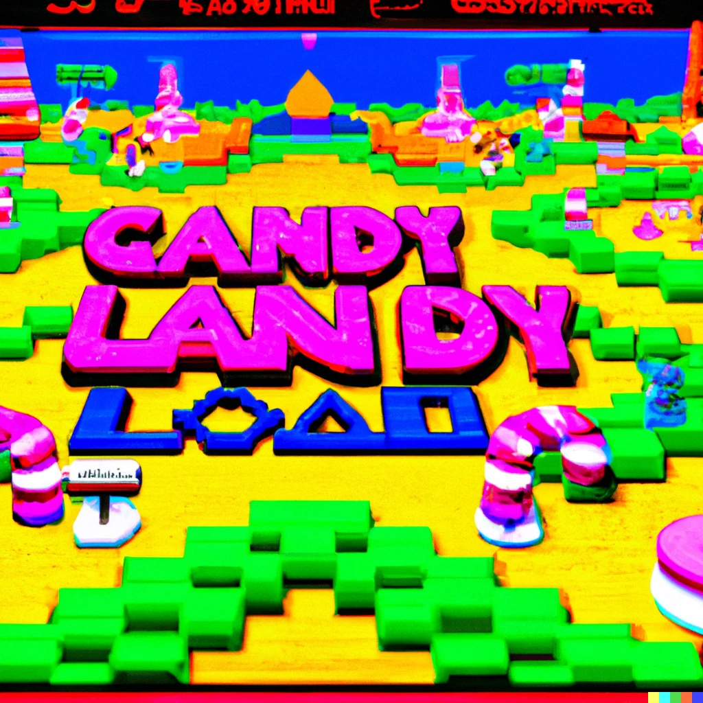 Prompt: Candy Land the video game, PS1 graphics, CRT filter