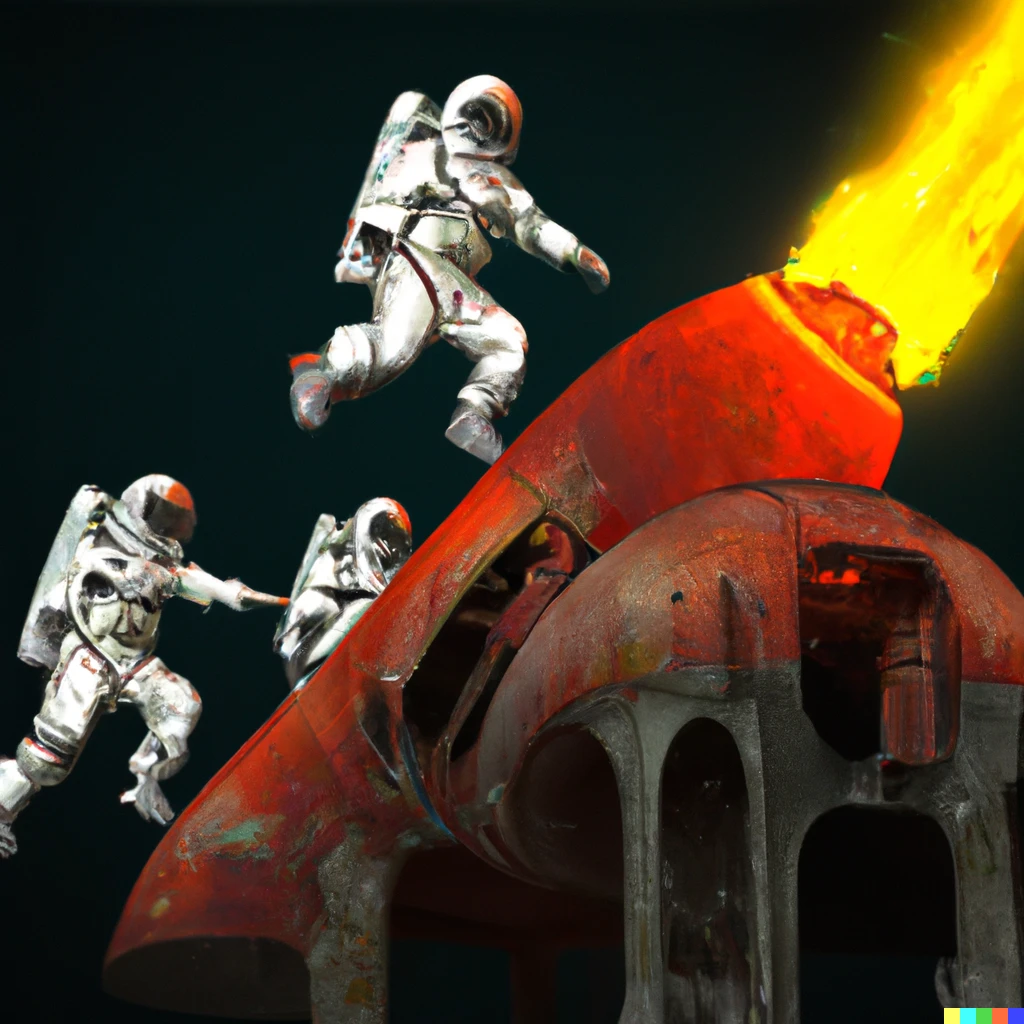 Prompt: Three astronauts ride fire extinguishers around a derelict spaceship, concept by Paul Pepera