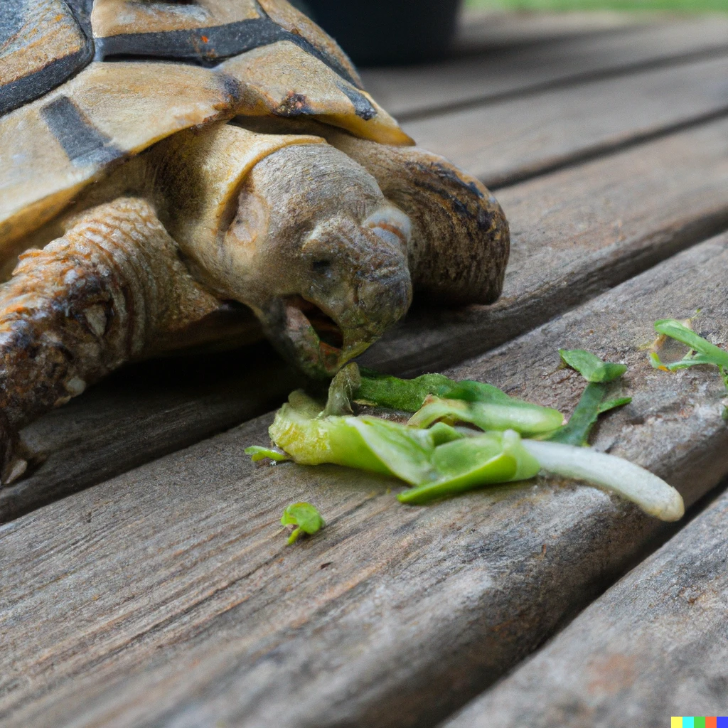 Prompt: A turtle eating grass near a wooden table