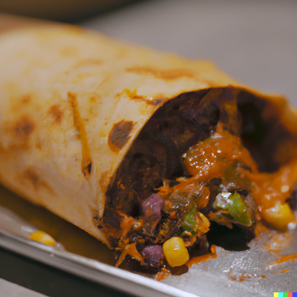 Prompt: yummy burrito from uber eats that i can afford, photorealistic, dramatic lighting, 4k
