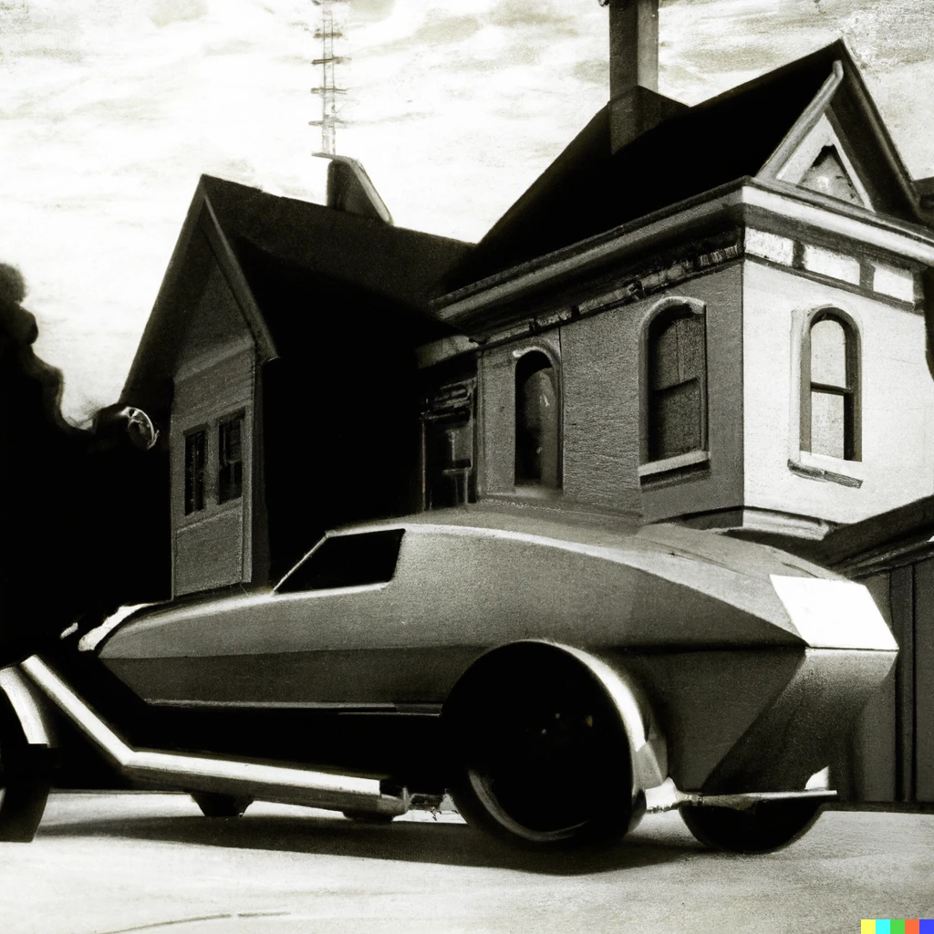 Prompt: a 1920s photo of a futuristic car, sitting beside an old house