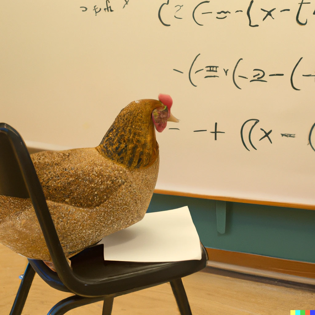 Prompt: a chicken learning trigonometry in a classrom, sitting down a chair listening